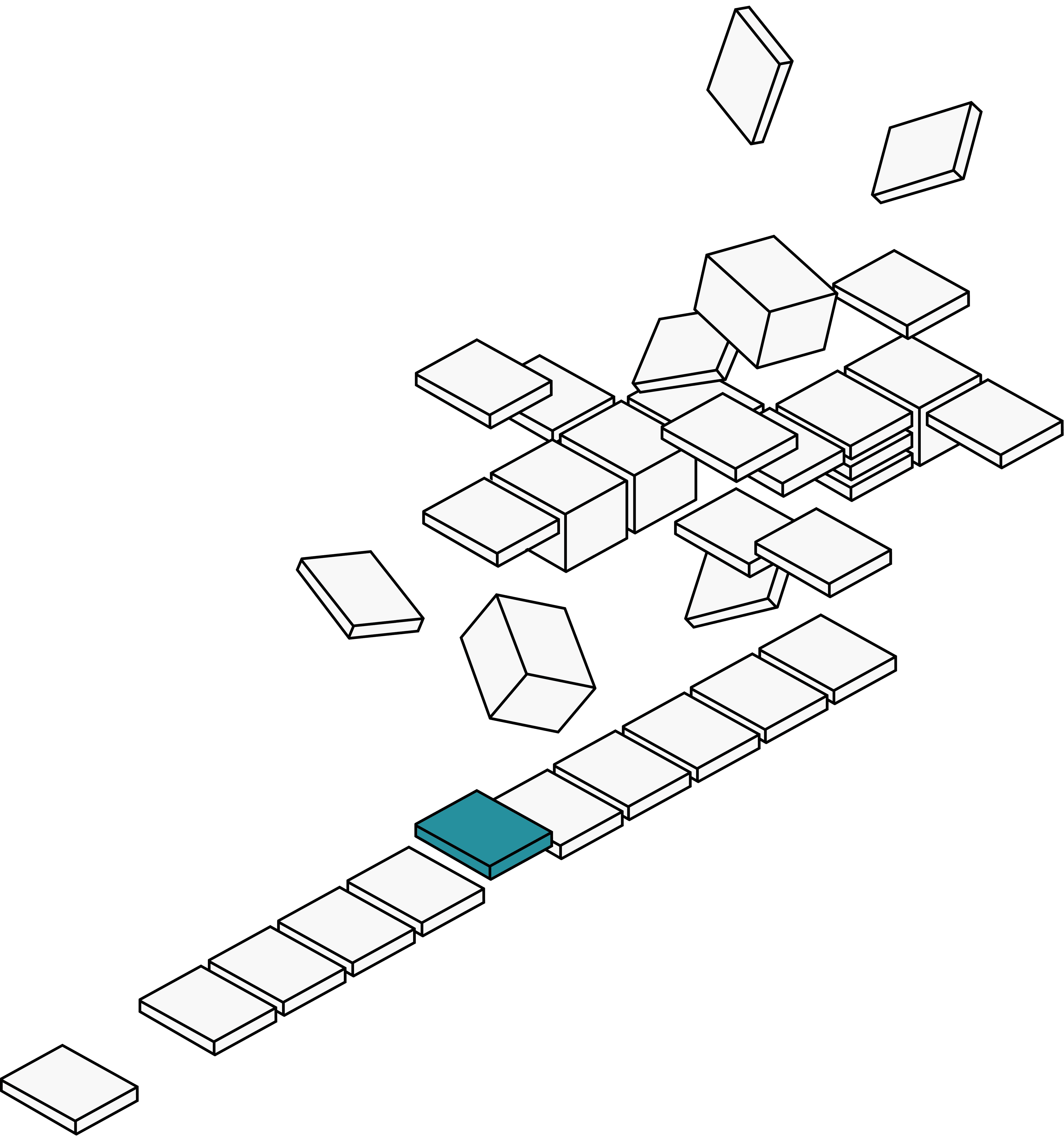 Illustration eines geordneten Weges aus modularen Bausteinen, der aus einer chaotischen Struktur entsteht